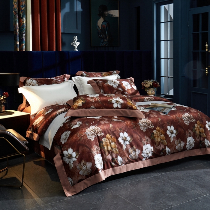 91家纺网 家纺一手货源 找家纺 缔缦  2023新款100s长绒棉数码印花拼角款四件套系列-伊鲁特花园 伊鲁特花园 胭脂红