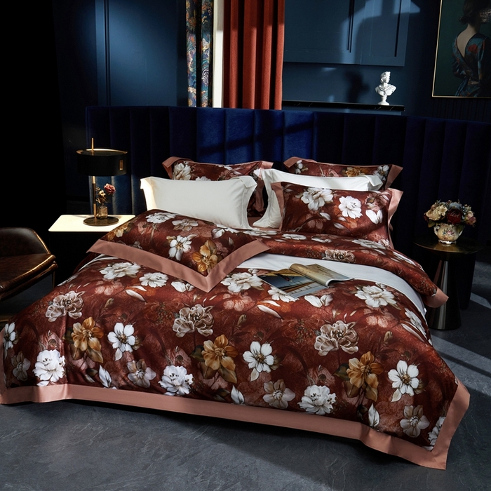 91家纺网 家纺一手货源 找家纺 缔缦  2023新款100s长绒棉数码印花拼角款四件套系列-伊鲁特花园 伊鲁特花园 胭脂红