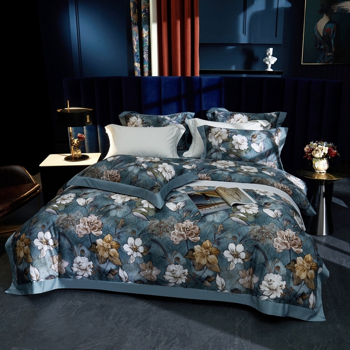 91家纺网 家纺一手货源 找家纺 缔缦  2023新款100s长绒棉数码印花拼角款四件套系列-伊鲁特花园 伊鲁特花园 石墨蓝