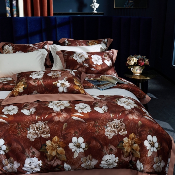 91家纺网 家纺一手货源 找家纺 缔缦  2023新款100s长绒棉数码印花拼角款四件套系列-伊鲁特花园 伊鲁特花园 胭脂红