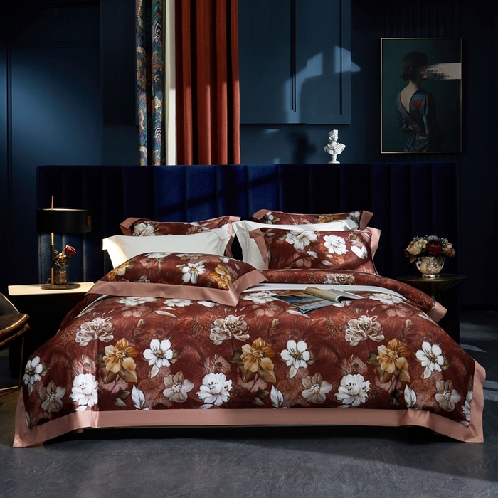 91家纺网 家纺一手货源 找家纺 缔缦  2023新款100s长绒棉数码印花拼角款四件套系列-伊鲁特花园 伊鲁特花园 胭脂红