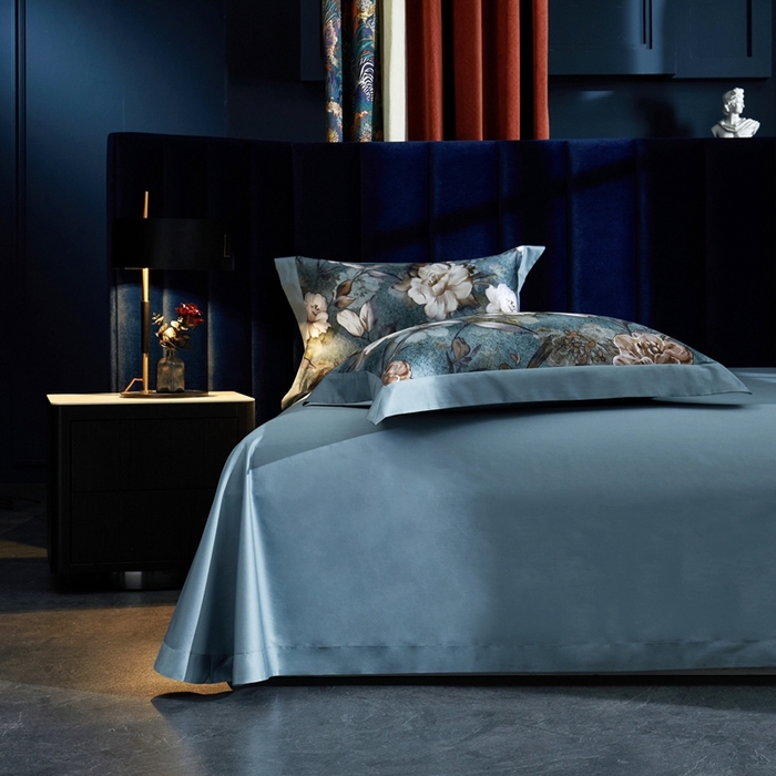 91家纺网 家纺一手货源 找家纺 缔缦  2023新款100s长绒棉数码印花拼角款四件套系列-伊鲁特花园 伊鲁特花园 石墨蓝