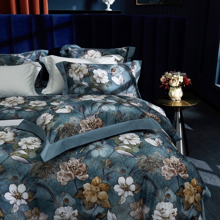 91家纺网 家纺一手货源 找家纺 缔缦  2023新款100s长绒棉数码印花拼角款四件套系列-伊鲁特花园 伊鲁特花园 石墨蓝