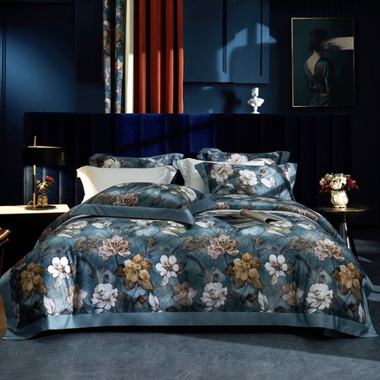 91家纺网 家纺一手货源 找家纺 缔缦  2023新款100s长绒棉数码印花拼角款四件套系列-伊鲁特花园 伊鲁特花园 石墨蓝