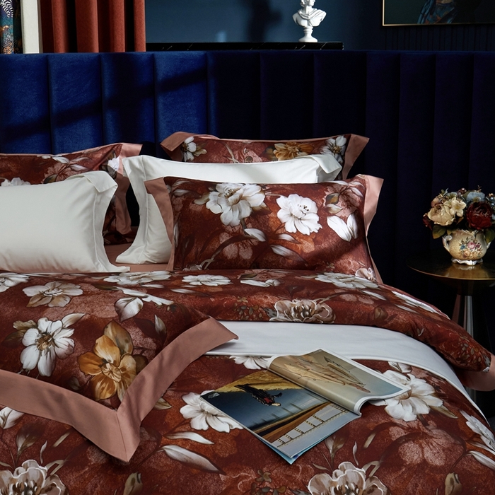 91家纺网 家纺一手货源 找家纺 缔缦  2023新款100s长绒棉数码印花拼角款四件套系列-伊鲁特花园 伊鲁特花园 胭脂红