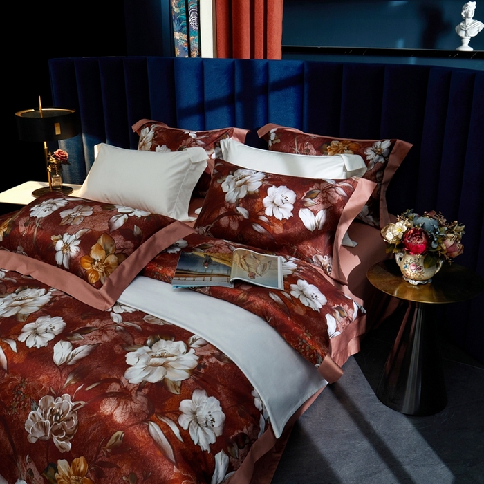 91家纺网 家纺一手货源 找家纺 缔缦  2023新款100s长绒棉数码印花拼角款四件套系列-伊鲁特花园 伊鲁特花园 胭脂红