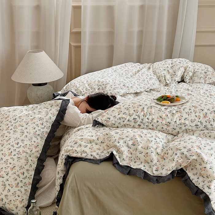 91家纺网 家纺一手货源 找家纺 梦享生活家居 2023新款全棉水洗棉花边四件套 兰花草