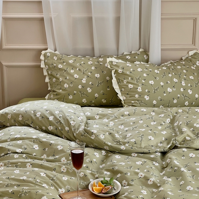 91家纺网 家纺一手货源 找家纺 梦享生活家居 2023新款全棉水洗棉花边四件套 春意盎然