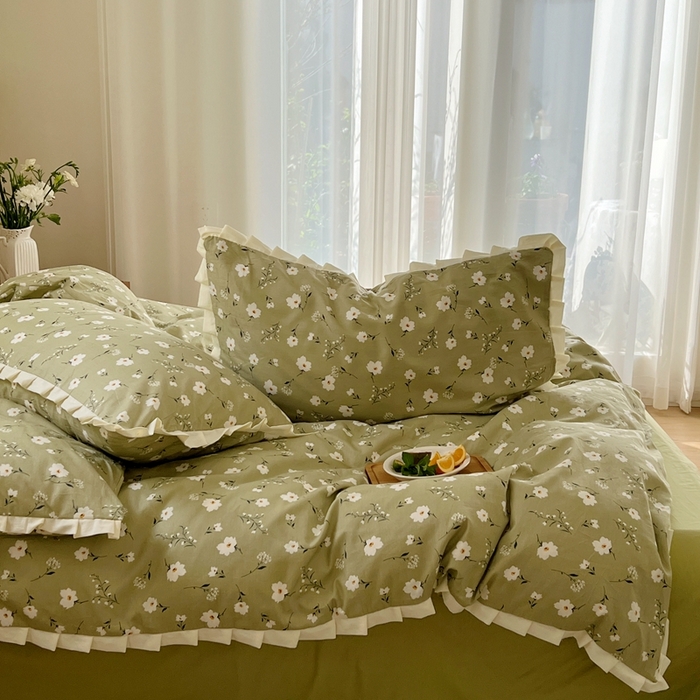 91家纺网 家纺一手货源 找家纺 梦享生活家居 2023新款全棉水洗棉花边四件套 春意盎然