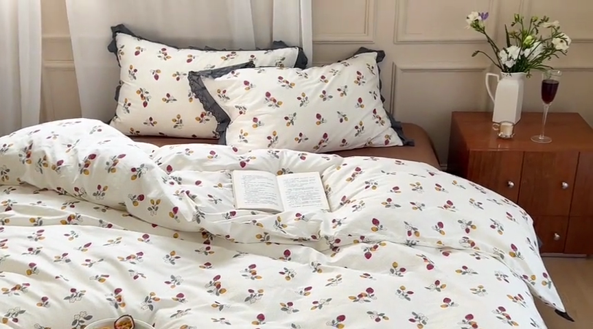 91家纺网 家纺一手货源 找家纺 梦享生活家居 2023新款全棉水洗棉花边四件套 清颜