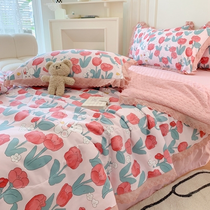 91家纺网 家纺一手货源 找家纺 吾欢心 2024新款韩版豆豆被夏被四件套 粉花兔