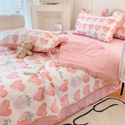 91家纺网 家纺一手货源 找家纺 吾欢心 2024新款韩版豆豆被夏被四件套 粉粉甜心