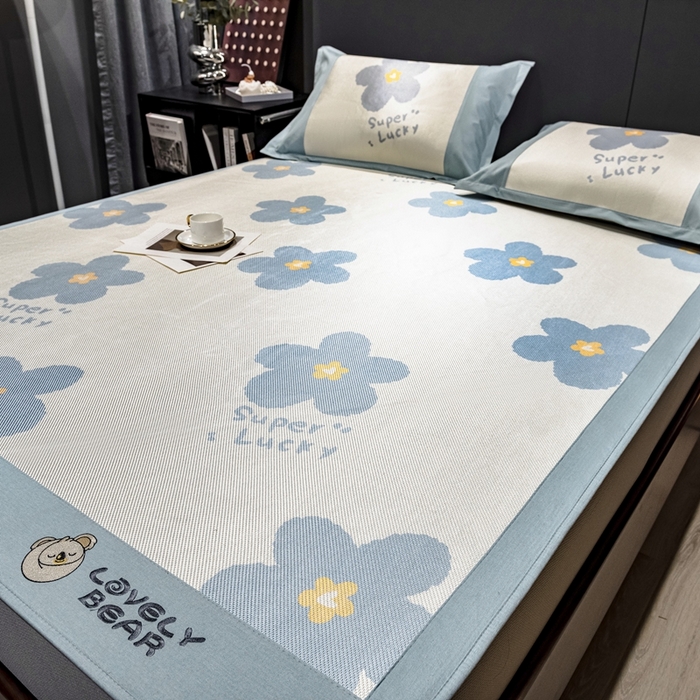 91家纺网 家纺一手货源 找家纺 全季家居 2023新款A类数码印花冰藤席三件套床笠款 床笠款-幸运花