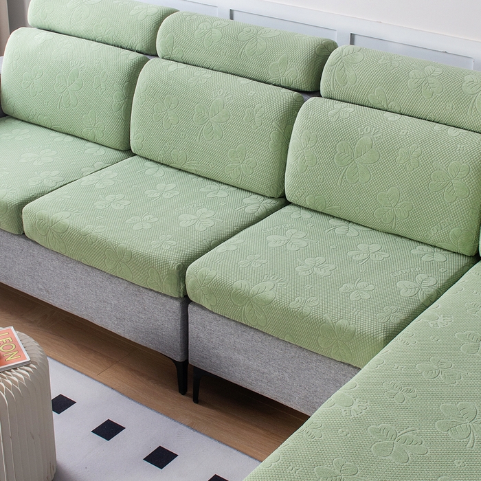 91家纺网 家纺一手货源 找家纺 千彤沙发垫 2023新款提花三叶草沙发笠 水绿