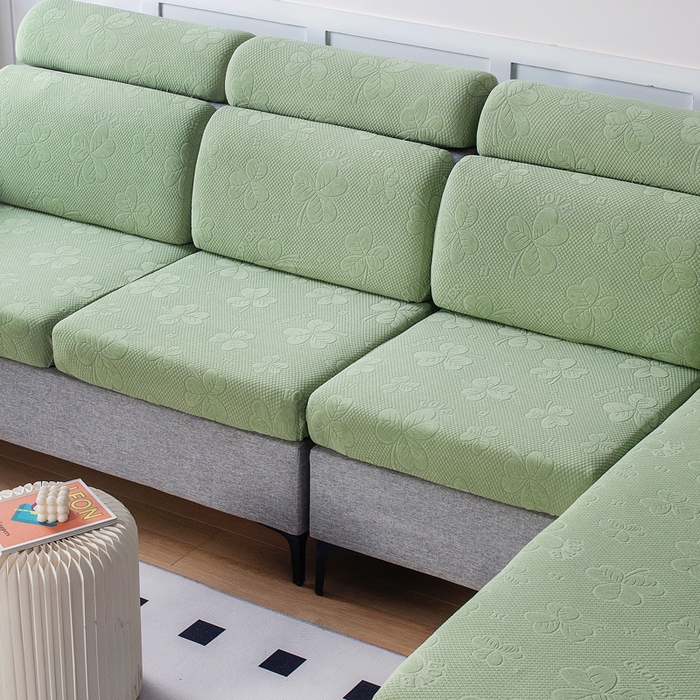 91家纺网 家纺一手货源 找家纺 千彤沙发垫 2023新款提花三叶草沙发笠 水绿