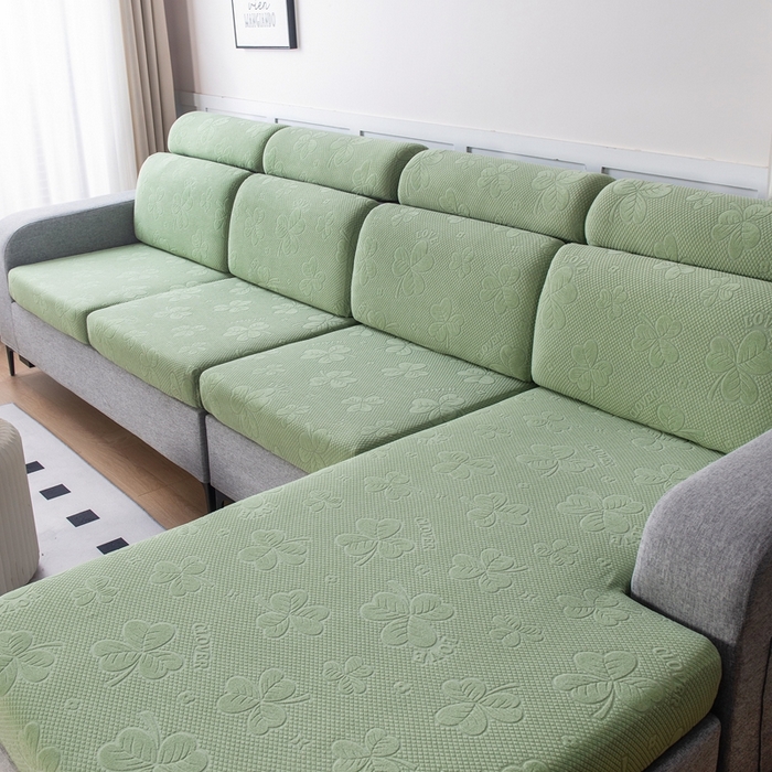 91家纺网 家纺一手货源 找家纺 千彤沙发垫 2023新款提花三叶草沙发笠 水绿