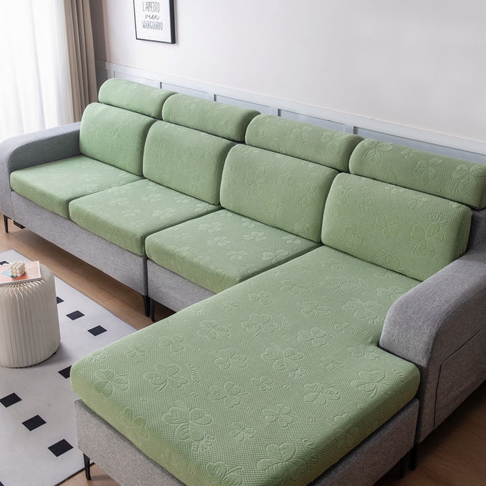 91家纺网 家纺一手货源 找家纺 千彤沙发垫 2023新款提花三叶草沙发笠 水绿