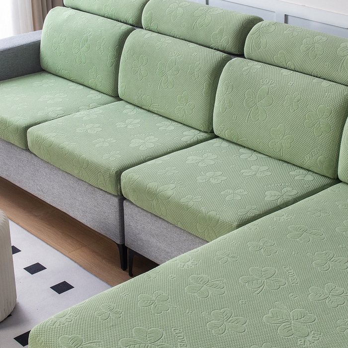 91家纺网 家纺一手货源 找家纺 千彤沙发垫 2023新款提花三叶草沙发笠 水绿
