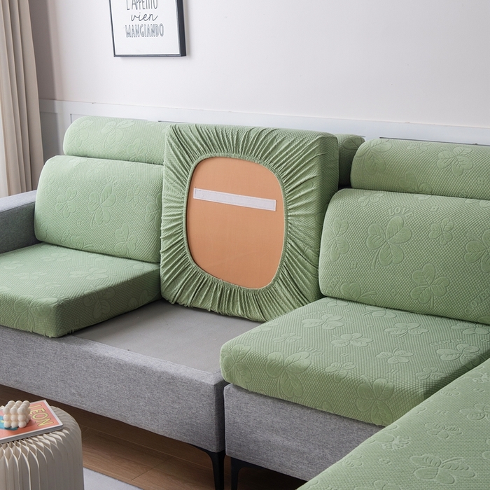 91家纺网 家纺一手货源 找家纺 千彤沙发垫 2023新款提花三叶草沙发笠 水绿