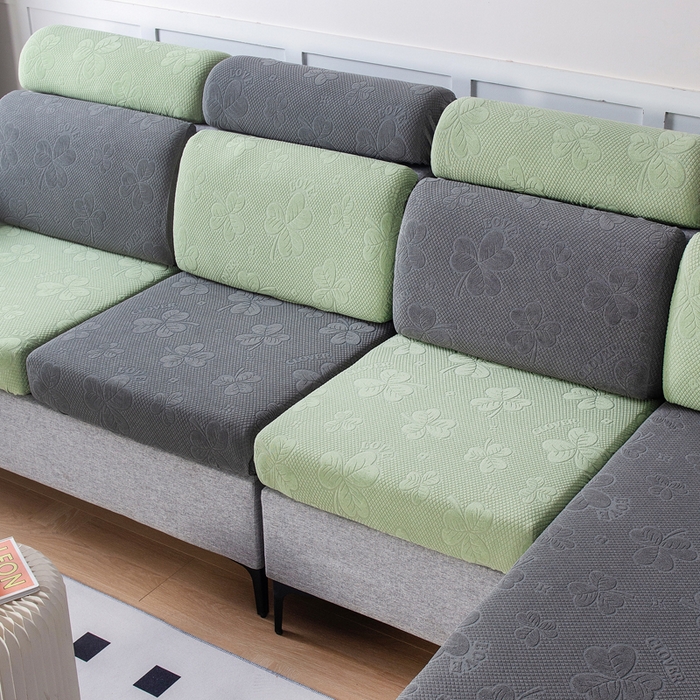 91家纺网 家纺一手货源 找家纺 千彤沙发垫 2023新款提花三叶草沙发笠 深灰水绿