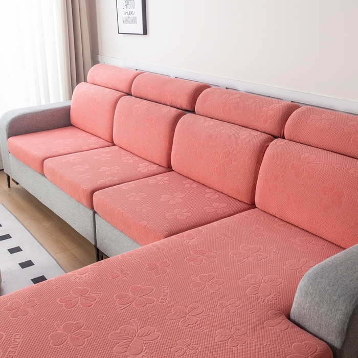 91家纺网 家纺一手货源 找家纺 千彤沙发垫 2023新款提花三叶草沙发笠 豆沙