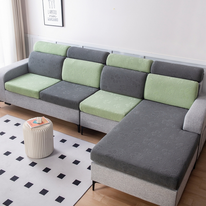 91家纺网 家纺一手货源 找家纺 千彤沙发垫 2023新款提花三叶草沙发笠 深灰水绿