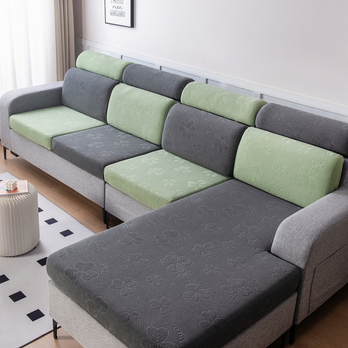 91家纺网 家纺一手货源 找家纺 千彤沙发垫 2023新款提花三叶草沙发笠 深灰水绿