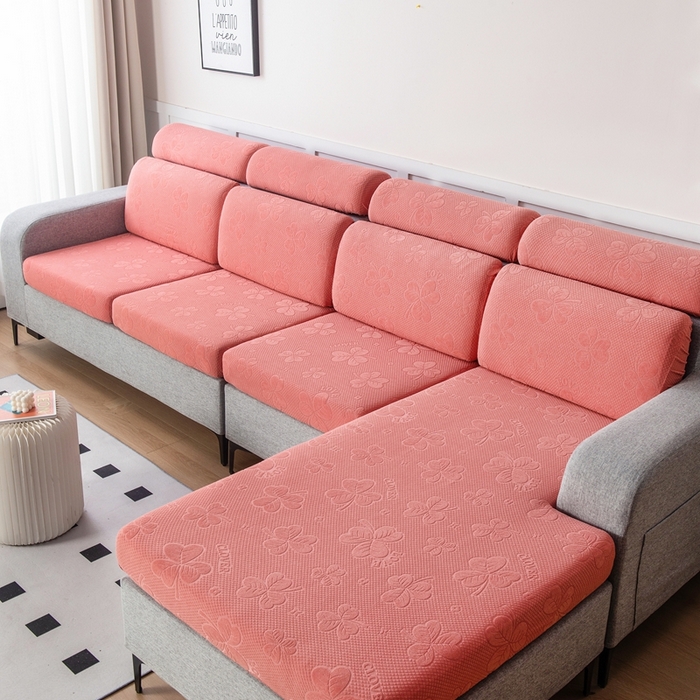 91家纺网 家纺一手货源 找家纺 千彤沙发垫 2023新款提花三叶草沙发笠 豆沙