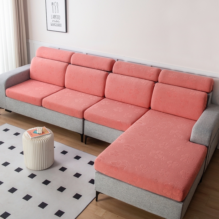 91家纺网 家纺一手货源 找家纺 千彤沙发垫 2023新款提花三叶草沙发笠 豆沙