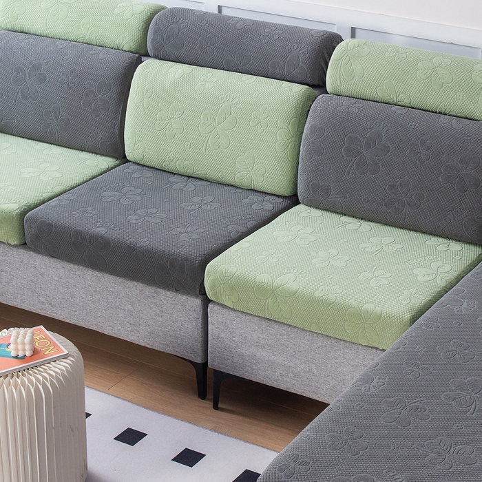 91家纺网 家纺一手货源 找家纺 千彤沙发垫 2023新款提花三叶草沙发笠 深灰水绿
