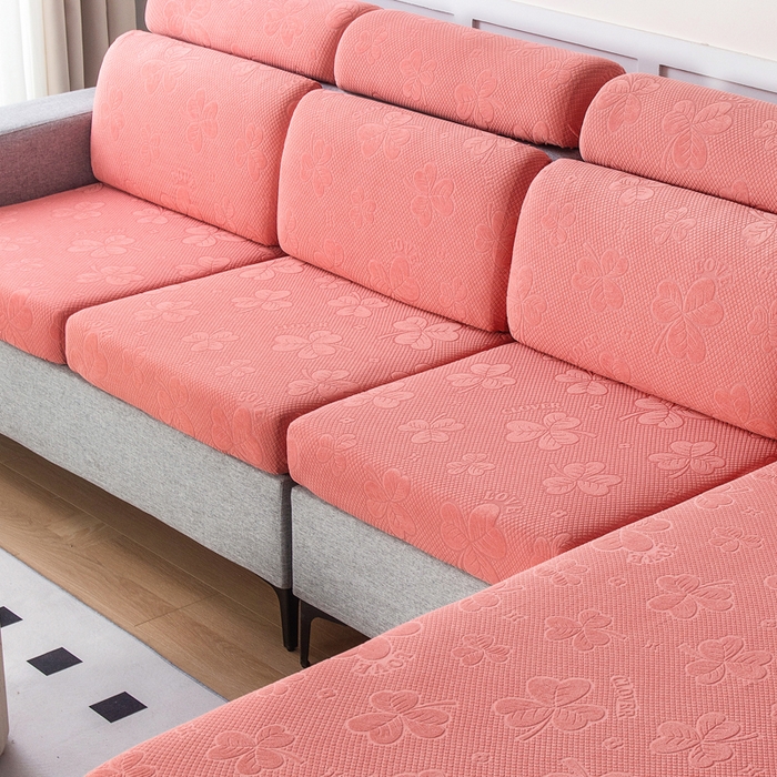 91家纺网 家纺一手货源 找家纺 千彤沙发垫 2023新款提花三叶草沙发笠 豆沙