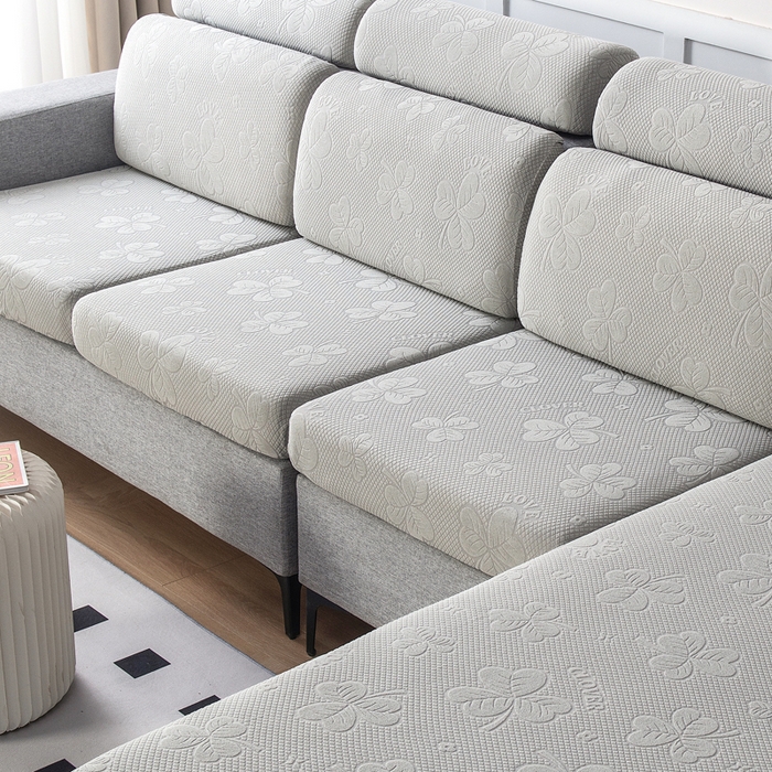 91家纺网 家纺一手货源 找家纺 千彤沙发垫 2023新款提花三叶草沙发笠 银灰