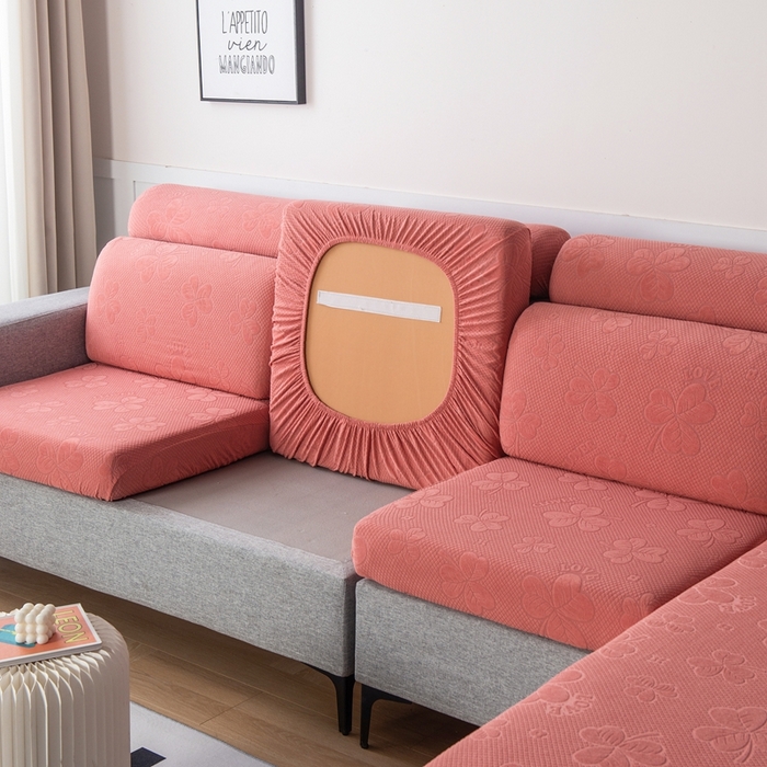 91家纺网 家纺一手货源 找家纺 千彤沙发垫 2023新款提花三叶草沙发笠 豆沙