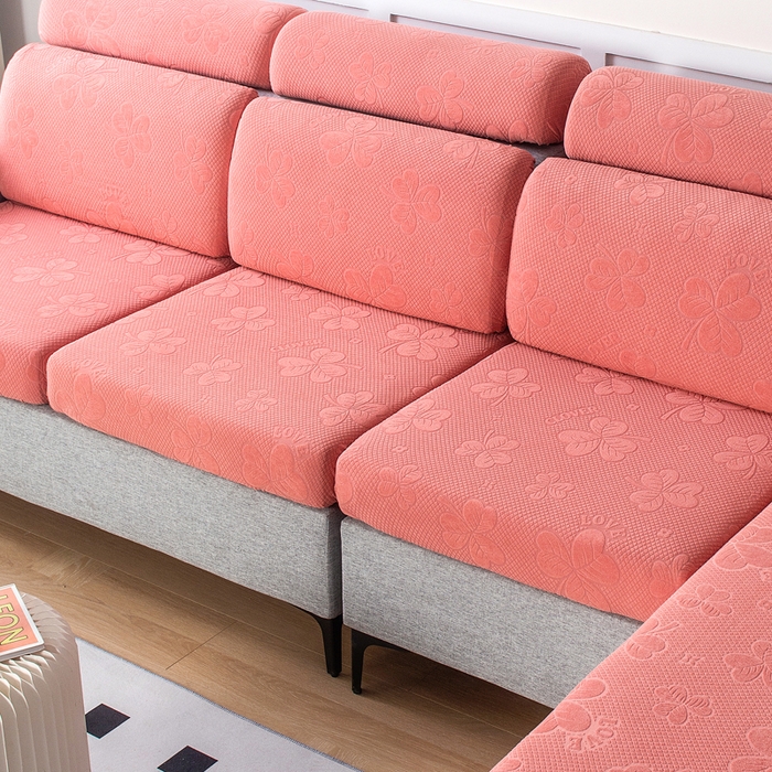 91家纺网 家纺一手货源 找家纺 千彤沙发垫 2023新款提花三叶草沙发笠 豆沙