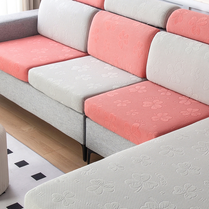 91家纺网 家纺一手货源 找家纺 千彤沙发垫 2023新款提花三叶草沙发笠 银灰豆沙