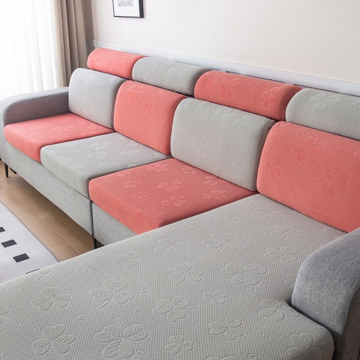 91家纺网 家纺一手货源 找家纺 千彤沙发垫 2023新款提花三叶草沙发笠 银灰豆沙