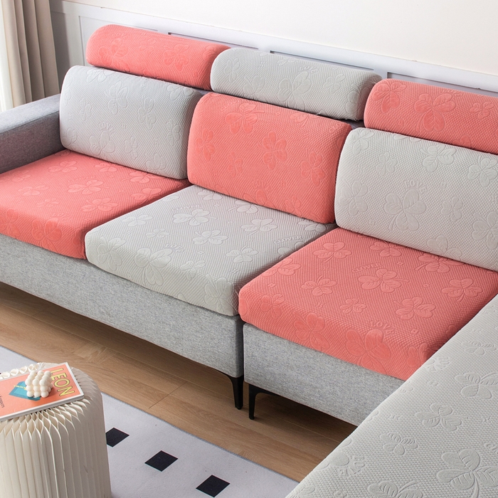 91家纺网 家纺一手货源 找家纺 千彤沙发垫 2023新款提花三叶草沙发笠 银灰豆沙