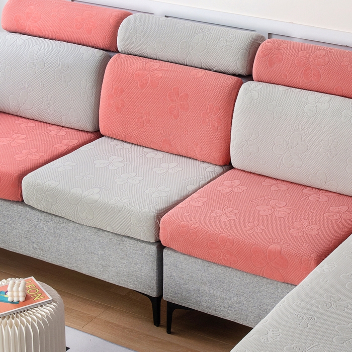 91家纺网 家纺一手货源 找家纺 千彤沙发垫 2023新款提花三叶草沙发笠 银灰豆沙