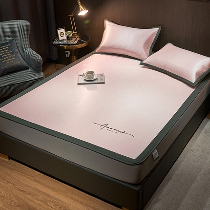 全季家居 2023新款纯色英文刺绣肌理纹冰丝凉席 淡粉色