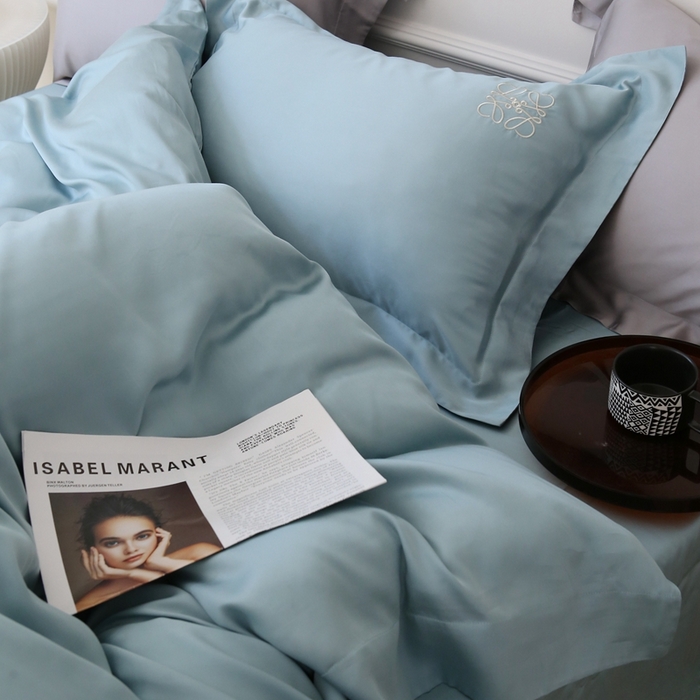 91家纺网 家纺一手货源 找家纺 榻尚家居 2023新款80纯色天丝简约绣花四件套-清欢 湖绿