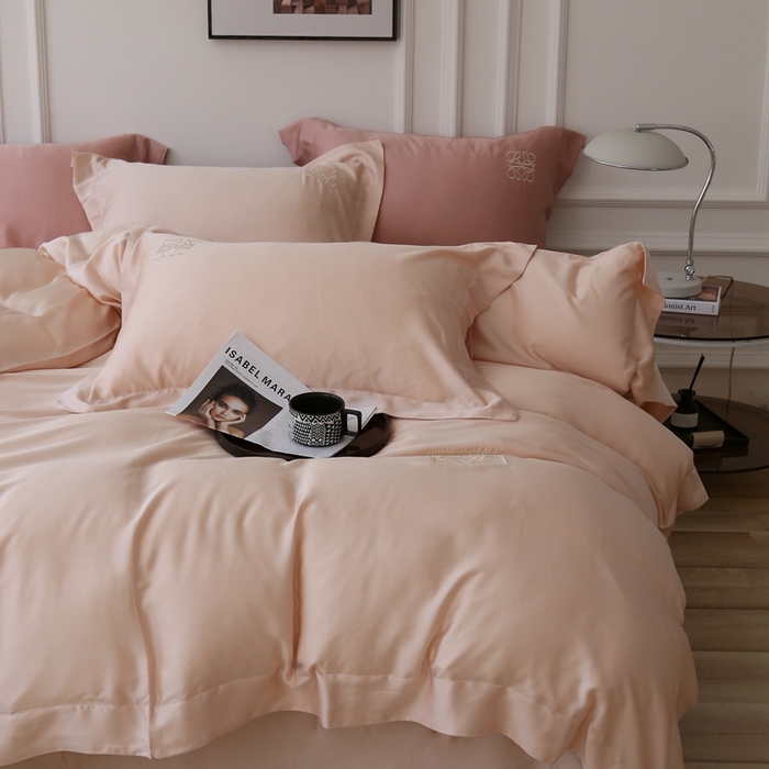 91家纺网 家纺一手货源 找家纺 榻尚家居 2023新款80纯色天丝简约绣花四件套-清欢 裸色