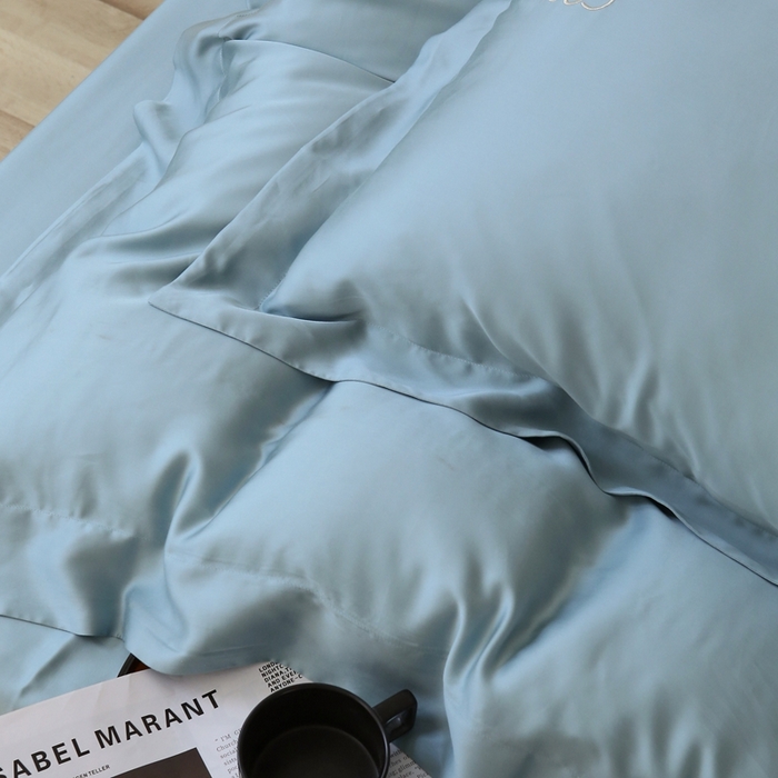 91家纺网 家纺一手货源 找家纺 榻尚家居 2023新款80纯色天丝简约绣花四件套-清欢 湖绿