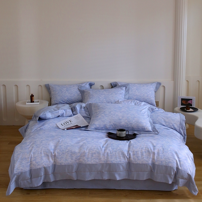 91家纺网 家纺一手货源 找家纺 榻尚家居 2023新款数码印花纯棉贡缎长绒棉拼接款工艺四件套 涟漪绿