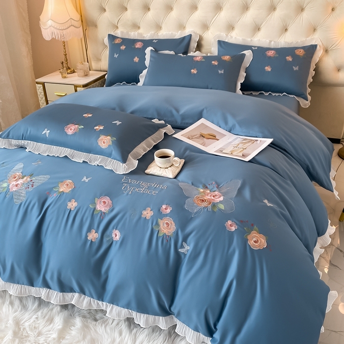 91家纺网 家纺一手货源 找家纺 伊人居 2023新款韩版刺绣四件套花梦溪柔系列 宾利蓝