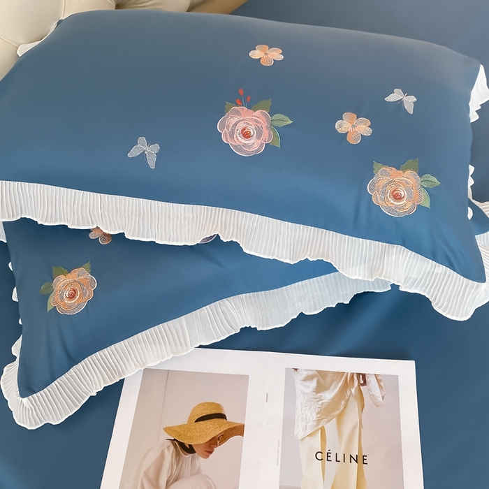 91家纺网 家纺一手货源 找家纺 伊人居 2023新款韩版刺绣四件套花梦溪柔系列 宾利蓝