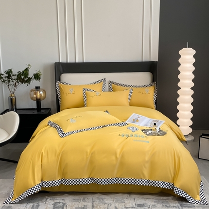 91家纺网 家纺一手货源 找家纺 伊人居 2023新款棋盘格四件套品尚系列 优雅黄