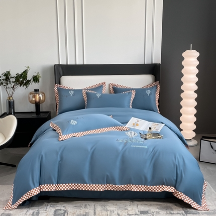 91家纺网 家纺一手货源 找家纺 伊人居 2023新款棋盘格四件套品尚系列 宾利蓝