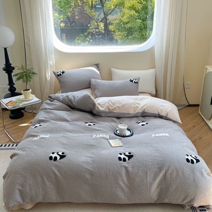 91家纺网 家纺一手货源 找家纺 （总）柚子 2023新款全棉高克重华夫格刺绣四件套