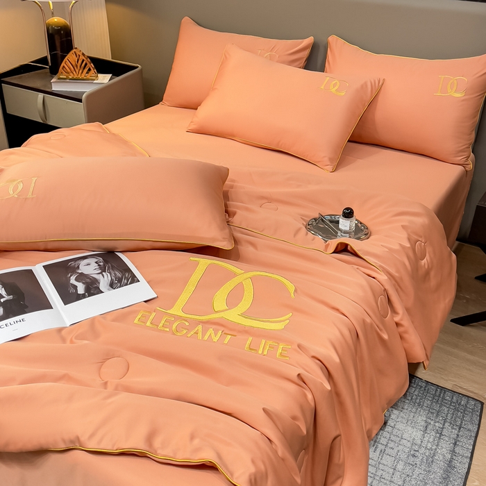 91家纺网 家纺一手货源 找家纺 创优 2025新款水洗真丝滚边夏被四件套 爱马仕橙