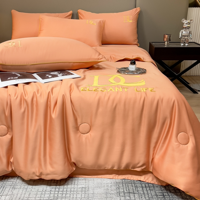 91家纺网 家纺一手货源 找家纺 创优 2025新款水洗真丝滚边夏被四件套 爱马仕橙